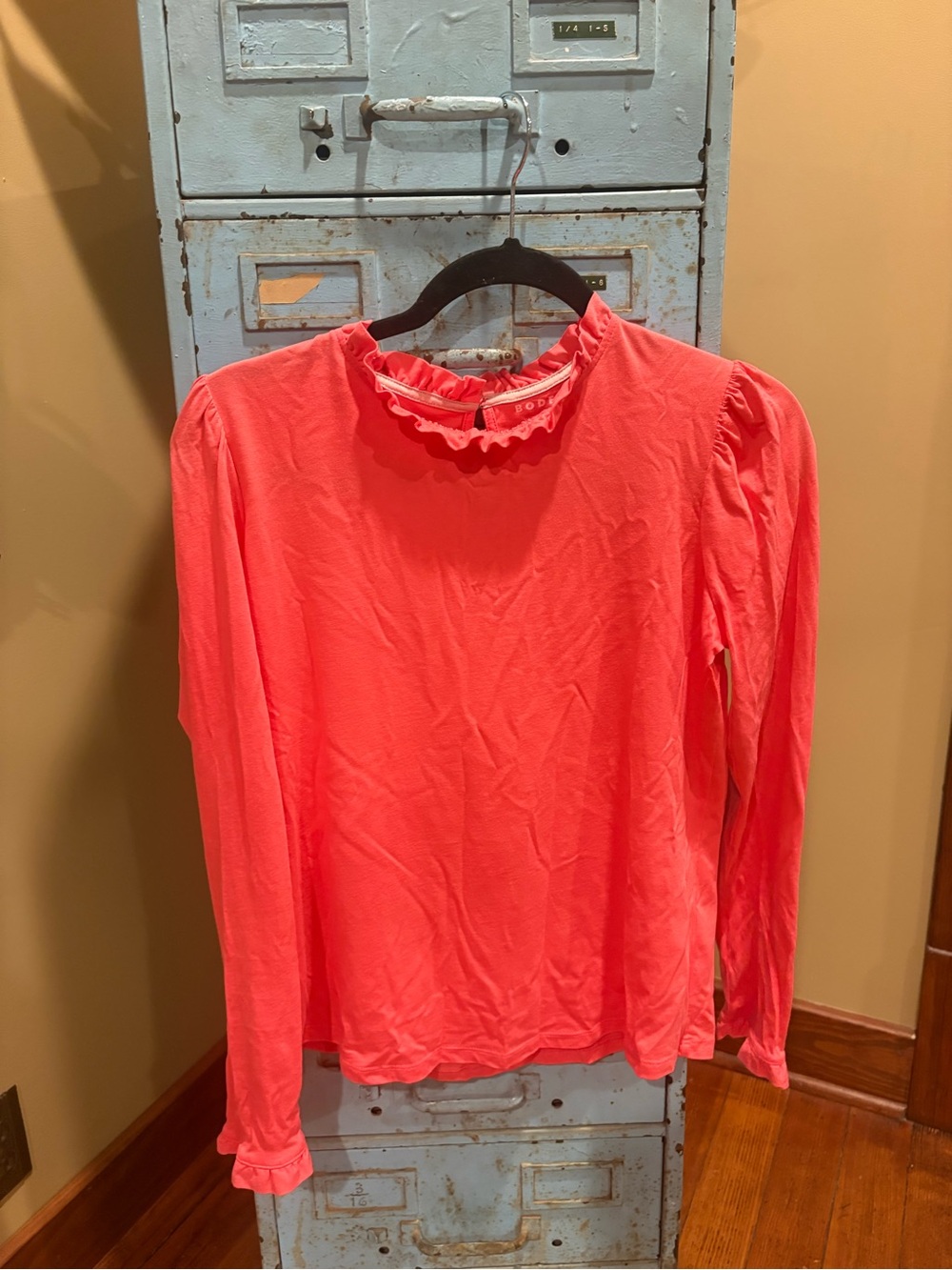Boden Coral Ruffle-Neck Long Sleeve Tee